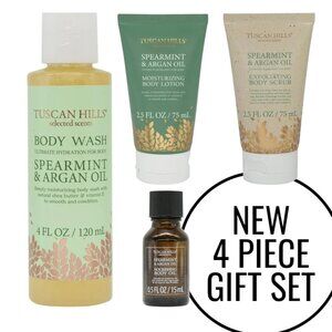 Tuscan Hills Bath and Body Care Gift Set Spearmint Argon Oil 4 Piece NEW Include